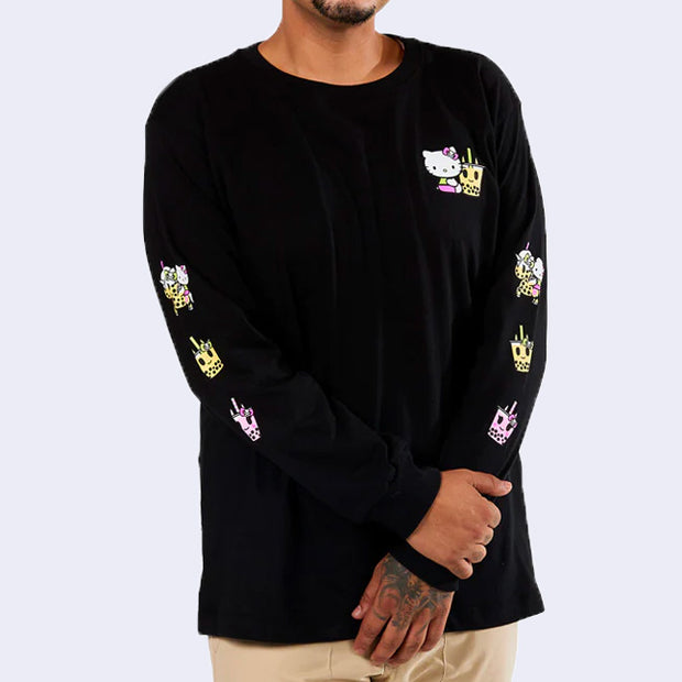Black long sleeve t-shirt with a small graphic of Hello Kitty with a smiling boba cup on the left upper chest. The sleeves have boba themed graphics.