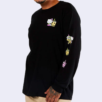 Black long sleeve t-shirt with a small graphic of Hello Kitty with a smiling boba cup on the left upper chest. The sleeves have boba themed graphics.