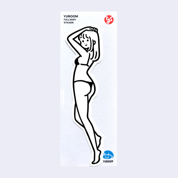 Full-body sticker of a woman in a swimsuit with her arms lifted up and atop of her head, looking back over her shoulder.