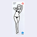 Sticker of a cartoon style girl posing in a bikini, with her arms lifted, one leaned towards her neck and the other behind her head.
