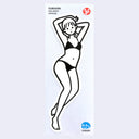 Sticker of a cartoon style woman wearing a bikini, laying on her back with her legs slightly pulled in and her arms behind her head.