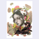 Artistic illustration of a woman's face with floral and abstract elements on a light purple background