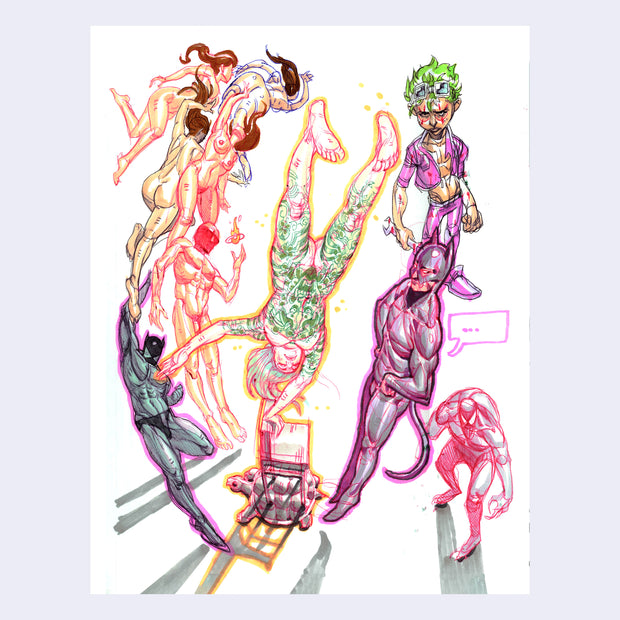 Ink sketch of a tattooed woman standing upside down on one hand, with other characters standing around.