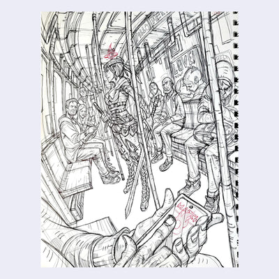Busy ink sketch of a subway with a samurai woman standing in the center.