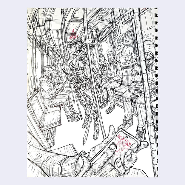 Busy ink sketch of a subway with a samurai woman standing in the center.