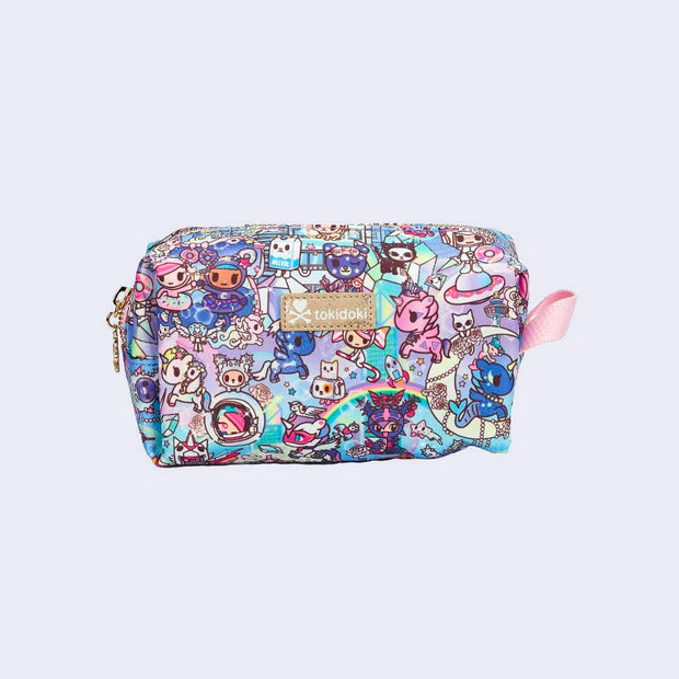 Small boxy cosmetic case bag with pastel pink colored fabric detailing, around the zipper and as the handles/straps. Bag has a small "tokidoki" nameplate on the upper center and is covered completely in a busy colorful pattern featuring tokidoki characters with with galactic and sci fi imagery.