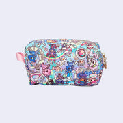 Small boxy cosmetic case bag with pastel pink colored fabric detailing, around the zipper and as the handles/straps. Bag has a small "tokidoki" nameplate on the upper center and is covered completely in a busy colorful pattern featuring tokidoki characters with with galactic and sci fi imagery.
