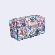 Small boxy cosmetic case bag with pastel pink colored fabric detailing, around the zipper and as the handles/straps. Bag has a small "tokidoki" nameplate on the upper center and is covered completely in a busy colorful pattern featuring tokidoki characters with with galactic and sci fi imagery.