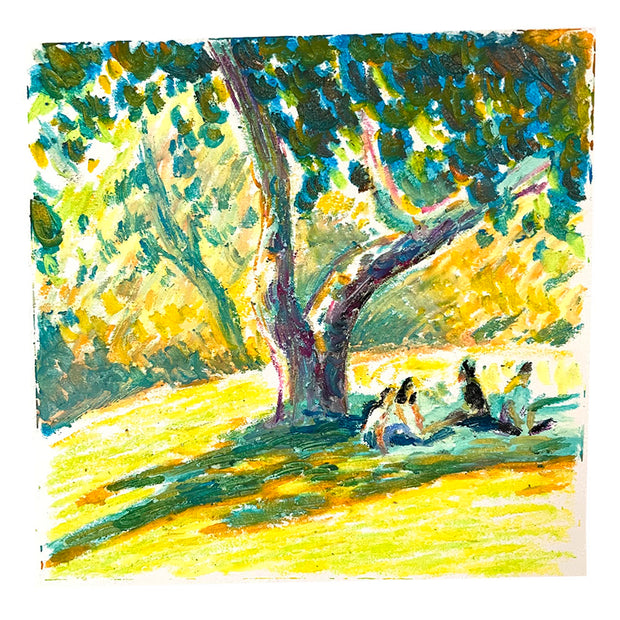 Plein air oil pastel drawing of a large tree providing shade to a group of 4 people sitting on the grass below it.