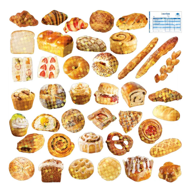 Lineup of approximately 40 bread themed flake stickers, all with a slight holographic shine. Stickers include: loafs, pastries, sandwiches, pretzels, etc.