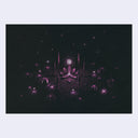 Purple ink pointillism style drawing on black paper of a large blossomed succulent, with a sphere of small light above it. 6 people gather around it in a circle, with other succulents in the background.