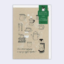 Brown paper greeting card with coffee-themed illustrations and text on a light gray background