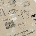 Pattern of coffee-themed illustrations on a brown paper background with text.