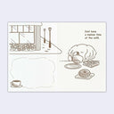 Illustration of a dog at a cafe with text 'Just have a mellow time at the café.'