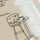 Cartoon character sitting on a stool with a cup of coffee, text 'go to the café.' on a textured background.