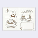 Illustration of bears in a coffee shop setting with coffee cups and food.