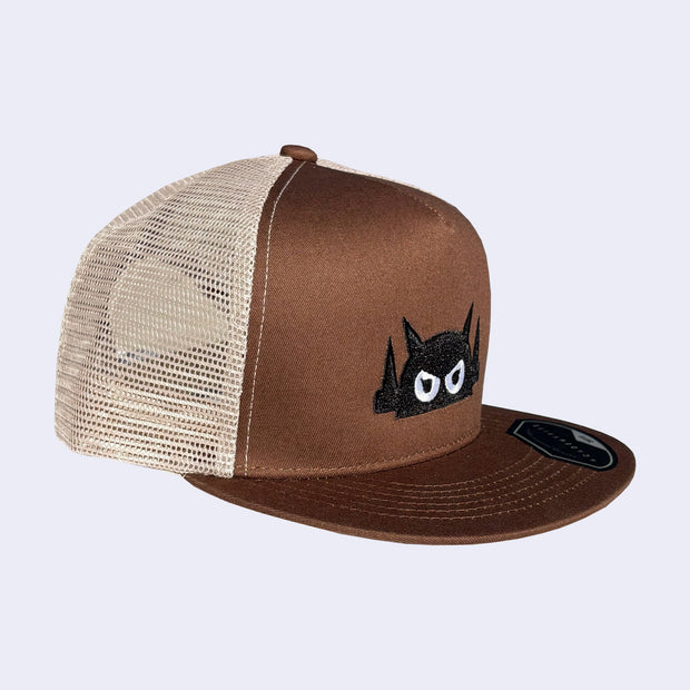 Brown trucker cap with a black and white Big Boss Robot graphic embroidered on the front.