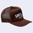 Brown snapback cap with mesh backing. Text reads "SAWTELLE" in large white sans serif font with "Japantown" written below in smaller, matching font.