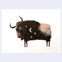 Illustration of a bison with celestial elements on a white background