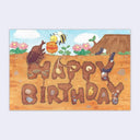 Birthday card with cartoon insects and flowers on a blue background