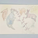 Illustration of rabbits and flowers on a light background