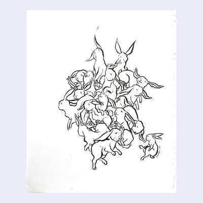 Ink doodle on white paper of many bunnies in a large bundle all stacked on one another. 