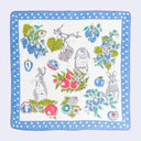 Fabric square with rabbits, flowers, and leaves on a polka dot border