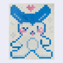 Painting of an 8bit pixel style bunny, with blue ears and pink cheeks and a little tongue. A pink heart floats overhead.