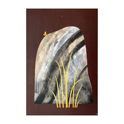 Collage style painting on solid burgundy background of a tall grey rock with bold, abstract marbling pattern and striping. A small yellow butterfly sits atop the rock and tall blades of yellow grass are in front of the rock.