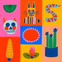 Colorful abstract art with various shapes and patterns on a grid background