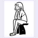 Black line drawing of a person sitting on a stool with a white background