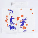 Illustrated birthday card with blue figures, orange circles, and stars on a white background