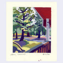 A painting showing a stylized outdoor cabin scene with trees, a red roof, and a porch, presented on a cream paper background with handwritten text at the bottom.