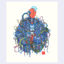 Highly detailed blue ink and watercolor illustration of a red robot with a clear blue mohawk wearing an oversized leather jacket. It holds an engine in its hands and countless colored cables come out from the robot and the engine, some connecting with one another but several leading to loose plug ends.