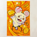 Cartoon mouse character with cheese on an orange background