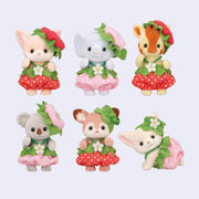 Set of six small animal figurines in strawberry themed outfits. Each figure is flocked.