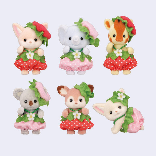 Set of six small animal figurines in strawberry themed outfits. Each figure is flocked.