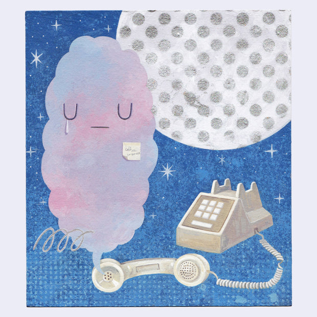 Painting of a corded phone, with a cloud of purple and blue smoke coming out the receiver. It has a sticky note on it that reads "Call me." Background is blue with a large white and silver dotted moon.