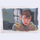 Painting based on a film still from Call Me By Your Name of a young Timothee Chalamet sitting wearing a frumpy sweater.