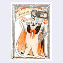 A packaged acrylic keychain featuring an illustrated cat character with raised paws, wearing an orange cape and bow tie. The product is shown in its retail packaging with a hanger and a label reading 'Kitty Acrylic Arm.