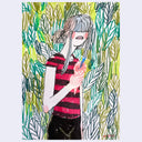 Drawing of a woman in a red and black striped shirt holding an ice cream cone, her eyes are covered by her long bangs. Background is drawn leaves.