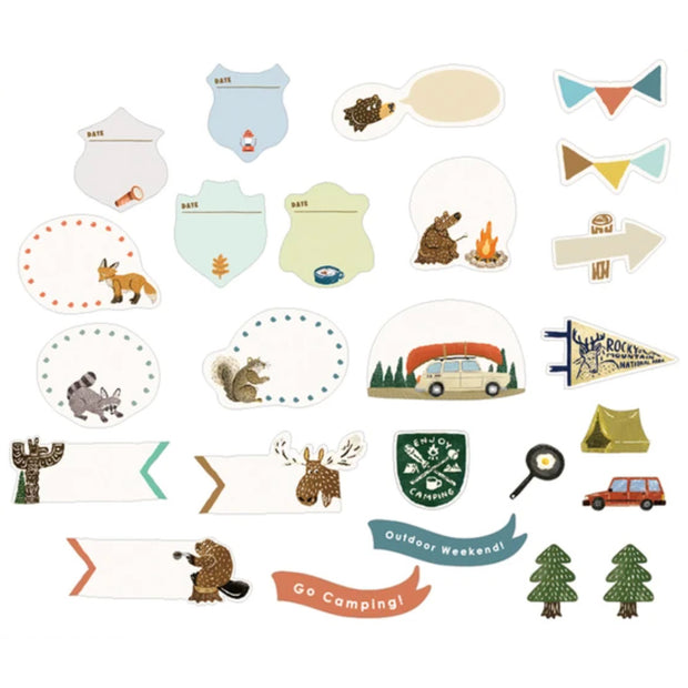 25 different camping themed stickers, illustrated in a cute stylistic fashion. Includes animals, trees and badges to write on.
