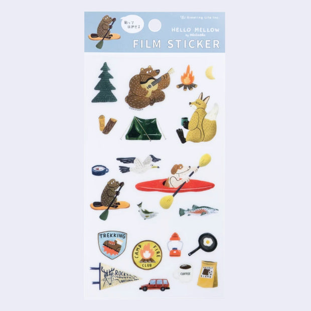 Sticker sheet with campfire themed stickers, of items and animals, such as bears playing guitar, fox drinking coffee, dog canoeing and tents and patches.