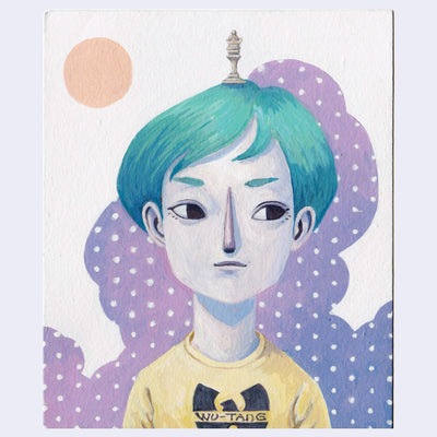 Painting of a person with blue hair and wearing a yellow Wu Tang Clan shirt, looking off to the side. A single chess piece sits atop his head. Background is pinkish blue cloud with white polka dots and a small orange sun in the upper left.