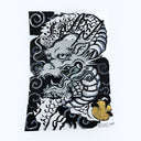 Drawing of a dragon, done in an old Japanese or East Asian art style with a gold moon.