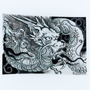 Drawing of a dragon, done in an old Japanese or East Asian art style with with black clouds and smoke.