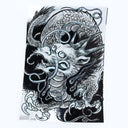 Drawing of a dragon, done in an old Japanese or East Asian art style with black clouds.