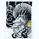 Drawing of a dragon, done in an old Japanese or East Asian art style with black clouds, holding a gold sun.