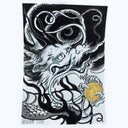 Drawing of a dragon, done in an old Japanese or East Asian art style with black clouds, holding a gold sun.