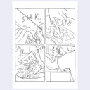 A black and white four-panel comic-style illustration showing hands handling kitchen objects and food, cooking in a big pot and doing dishes.